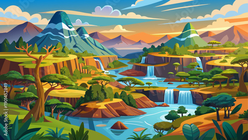 Very beautiful panoramic landscape of Angola showcasing rivers, waterfalls, savanna, mountains, and coastal wilderness, reflecting the country’s rich biodiversity and untamed African natural beauty.