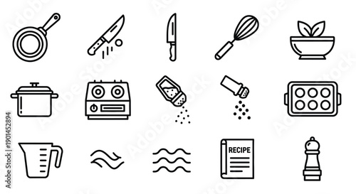 Cooking utensil icons show a pan, knife, and recipe book.