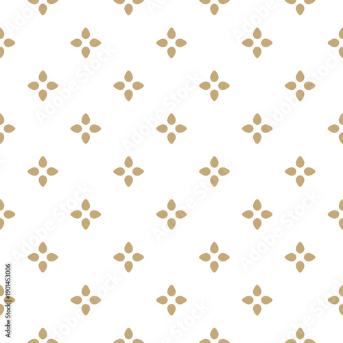 Golden minimal floral seamless pattern. Vector abstract minimalist geometric ornament with small stylized flowers, leaves, petals. Simple luxury gold and white background texture. Repeatable design