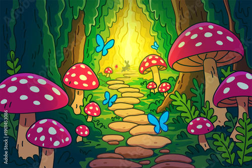 fantastic landscape . Forest with mushrooms and butterflies. illustration to the fairy tale "Alice in Wonderland"	
