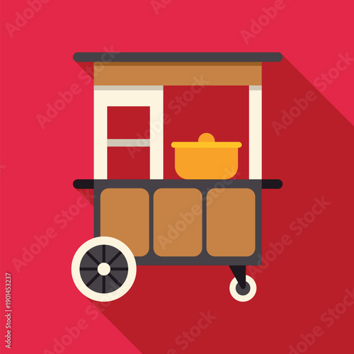 Food cart illustration offering takeaway street food on a vibrant red background