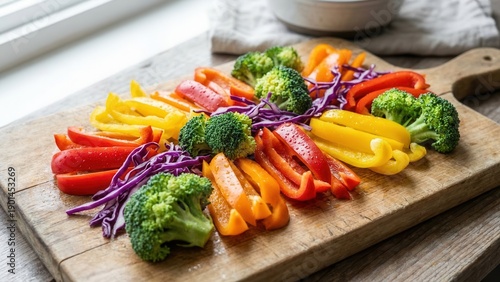 Freshly Cut Colorful Vegetable Platter Arranged on a Rustic Wooden Board