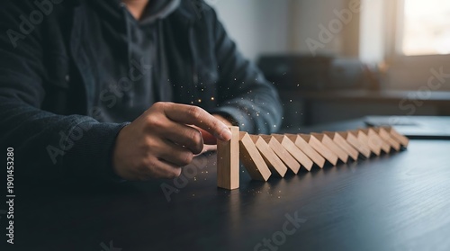 Man stopping dominoes from falling, symbolizing risk management and decision making