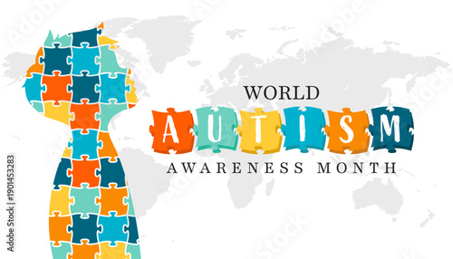 World Autism Awareness Month Concept with Puzzle Pieces and World Map Illustration