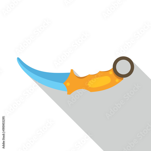 Karambit knife with a blue blade and golden handle, featuring a long shadow