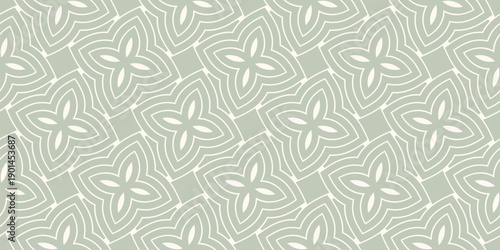 Luxury vector seamless pattern. Elegant geometric floral ornament in oriental style. Subtle background with big outline flowers, leaves, petals, curved lines. Pale green color. Repeated geo design