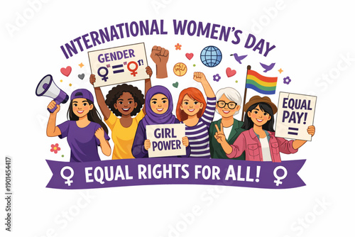 International Women's Day celebration with diverse women advocating for equality and empowerment