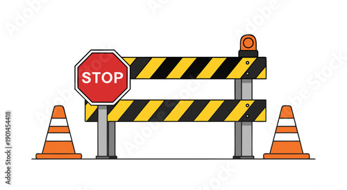 Stop sign and traffic cones construction vector illustration for warning and safety