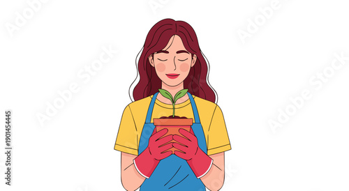 Delicate Vector Illustration of a Young Woman Tendernessly Caring for a Sprout in a Pot, Vector Art