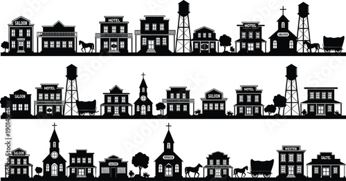 Wild west town silhouettes, saloon, hotel, church, water tower, horse carriage, western buildings, frontier city, black vector illustration set