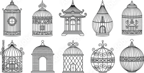 Vintage birdcage silhouettes collection, ornate decorative cages, antique metal designs, garden decor elements, elegant line art vector illustration set