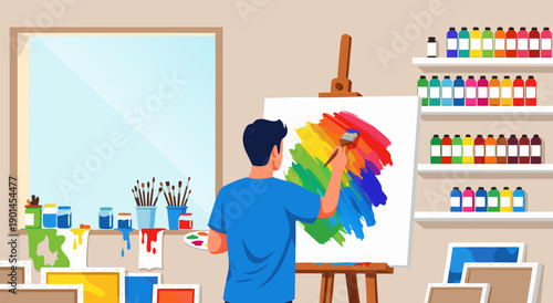 Vibrant vector illustration of an artist creating a colorful masterpiece on a canvas with art supplies