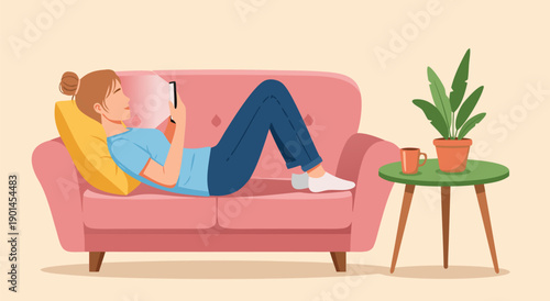Relaxing woman on sofa using smartphone, digital vector illustration in cozy home setting