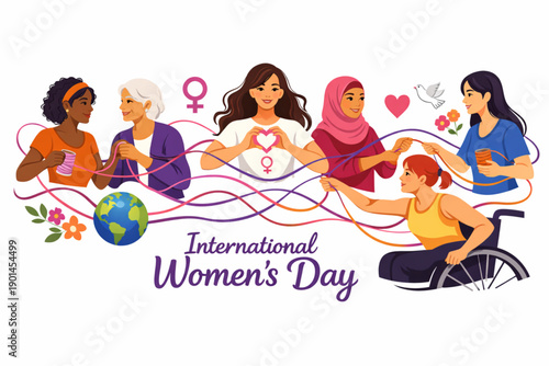 International Women's Day illustration celebrating diversity, unity, and empowerment of women globally