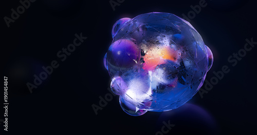 3D render of abstract quantum energy core with glowing internal light. Digital illustration of organic glass sphere with liquid motion and neon reflections on dark background. Premium tech art.