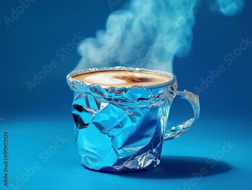 Wallpaper Mural Creative coffee cup made of foil shows steam rising on blue background at a coffee shop Torontodigital.ca