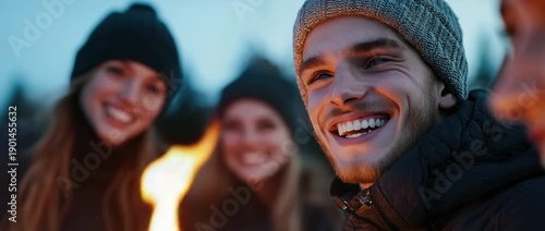 Wallpaper Mural Friends gather around a fire at night in a forest while sharing laughs and enjoying their time together Torontodigital.ca