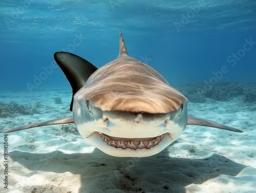 Wallpaper Mural Shark swims in clear ocean water while exploring coral reef habitats near a tropical island Torontodigital.ca