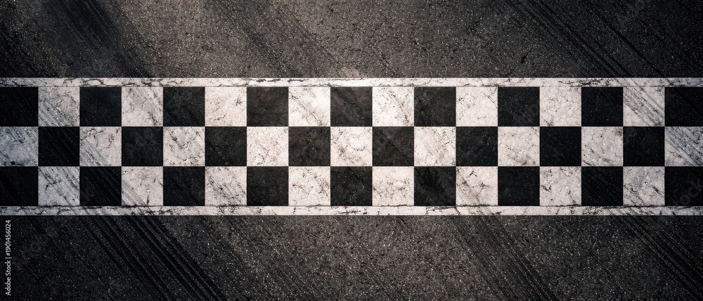 Obraz premium Finish Line Checkered Pattern on Asphalt Race Track with Tire Marks Top View