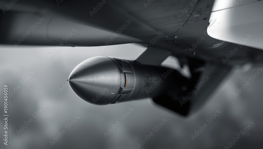 Fototapeta premium Detailed shot of a Russian air-to-air missile suspended from a fighter jet wing. Blurred background. Military theme