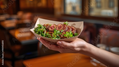 A hand grasping a paper cup of grilled tuna and salad in a relaxed dining atmosphere