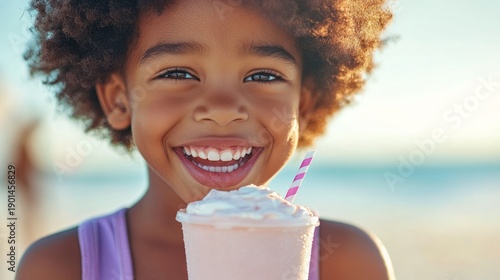 Happy kid enjoying milkshake with whipped cream at beach