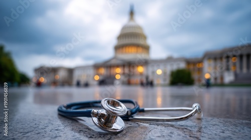 Stethoscope on a wet surface with the United States Capitol Building in the blurred background, symbolizing healthcare and policy.