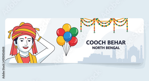 Traditional Bengali woman celebrating festival with colorful balloons.