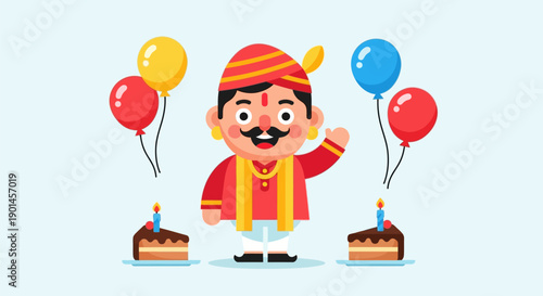 Happy Indian man celebrating birthday with cakes and balloons.