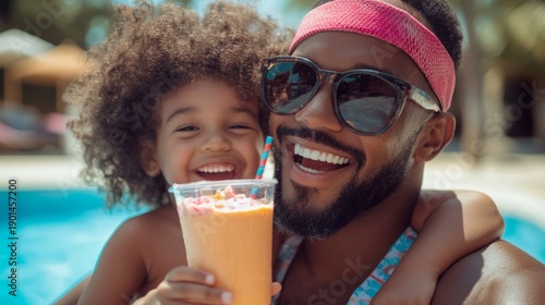 Father and son enjoying a cool drink by pool
