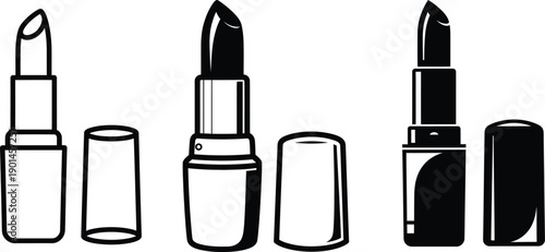 Three black and white illustrations of lipstick tubes with varying designs