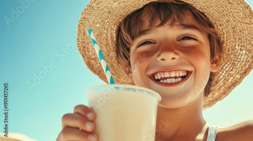 Happy boy enjoying refreshing drink during summer vacation