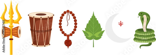 Hinduism symbols collection including trishul, damaru, rudraksha mala, peepal leaf, crescent moon, and naga.