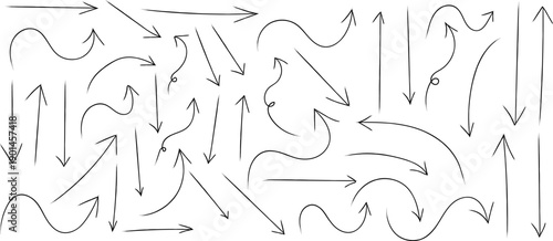 A complex composition of abstract black line art and arrows on a white background creating a dynamic visual representation