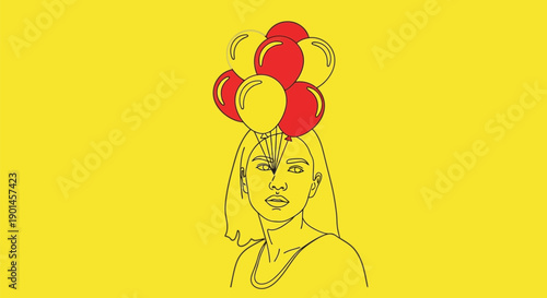 Simple line drawing of a smiling woman with balloons on her head against a bright yellow background.