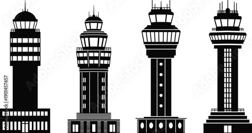 Airport control tower silhouettes collection, aviation navigation buildings, air traffic control icons, transportation infrastructure landmarks, black and white vector illustration set