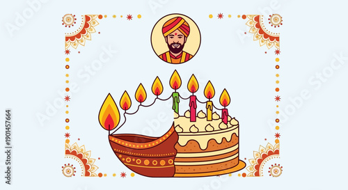 Illustration of a birthday cake with lit candles and a man's portrait.