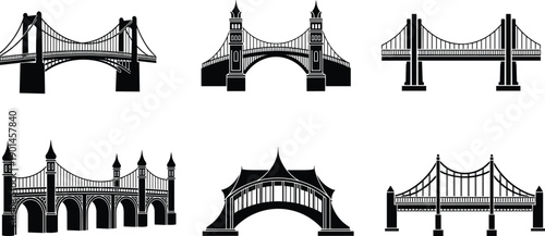 Bridge silhouettes collection, suspension and arch bridges, urban infrastructure landmarks, transportation engineering icons, city connections, black and white vector illustration set