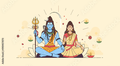 Illustration of Hindu deities Lord Shiva and Parvati in meditation.