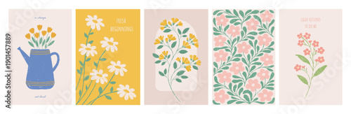 Set of hand-drawn floral illustrations in crayon style with pastel flowers, leaves and handwritten quotes on soft backgrounds, cohesive botanical artwork collection suitable for greeting cards, poster