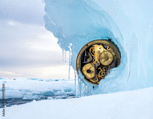Time is running out! Image of a melting glacier exposing ancient, jammed brass clockwork gears. A concept of time running out on climate change in a cold Arctic landscape.