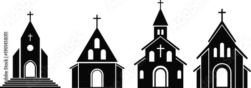 Church silhouettes collection, Christian religious buildings, chapel architecture icons, faith symbols, worship places, black and white vector illustration set