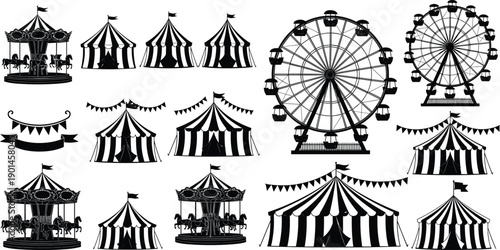 Circus carnival silhouettes, ferris wheel, carousel, big top tents, fairground decorations, festival elements, amusement park icons, black and white vector illustration