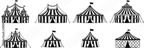 Circus tent silhouettes collection, carnival big top, striped festival marquees, fairground entertainment icons, event decoration, black and white vector illustration set