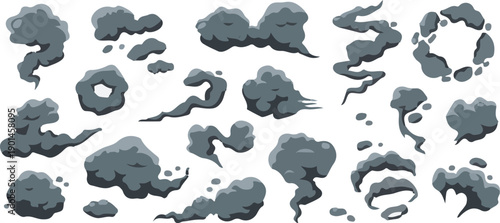 Explosive smoke cartoon clouds. Manga dark smoke puffs and swirling cloud. Bomb smoky explosions, dust and vapor steam for comic scene, fire blast effect and car exhaust. 
