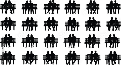 Couple silhouettes sitting on bench, romantic pairs, love relationship poses, dating concept, park seating icons, black and white vector illustration set
