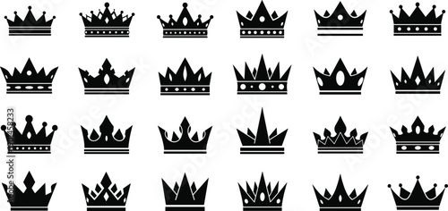 Crown silhouettes collection, royal tiara icons, king queen symbols, luxury emblem designs, heraldic jewelry, black and white vector illustration set