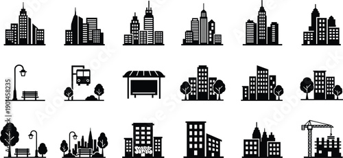 City skyline silhouettes, urban buildings, park, bus stop, construction icons, modern metropolitan elements, black and white vector illustration set
