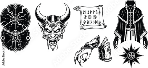 Dark fantasy occult symbols, demon mask, magic scroll, sorcerer cloak, mystical hands, alchemy emblems, gothic ritual icons, black and white vector illustration set