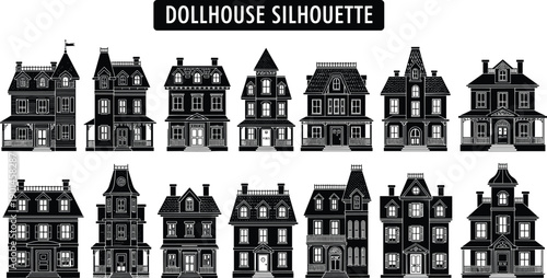 Dollhouse silhouettes collection, vintage miniature houses, Victorian architecture, toy home icons, detailed building designs, black and white vector illustration set